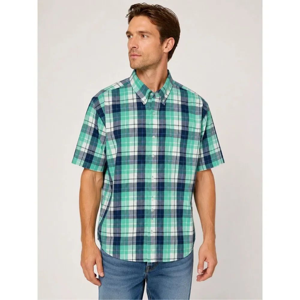 Lee Mens 2XL Plaid Button Front Short Sleeve Stretch Shirt Green Blue Cotton